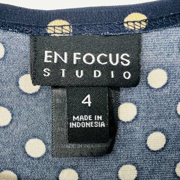 Enfocus Studio Womens 4 Blue Cream Polka Dot Dress 3/4 Sleeve Stretch - Picture 5 of 8